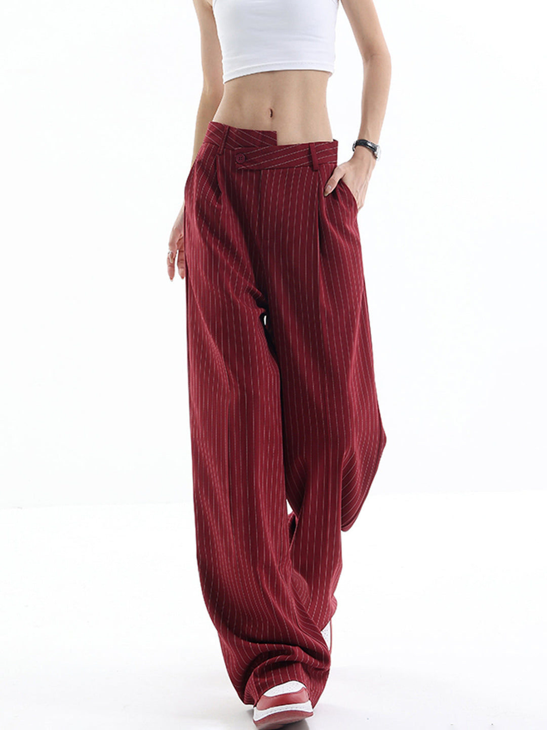 Asymmetrical High-Waist Pinstripe Pants  Liora Lane Boutique Pants Burgundy / XL 42.00
