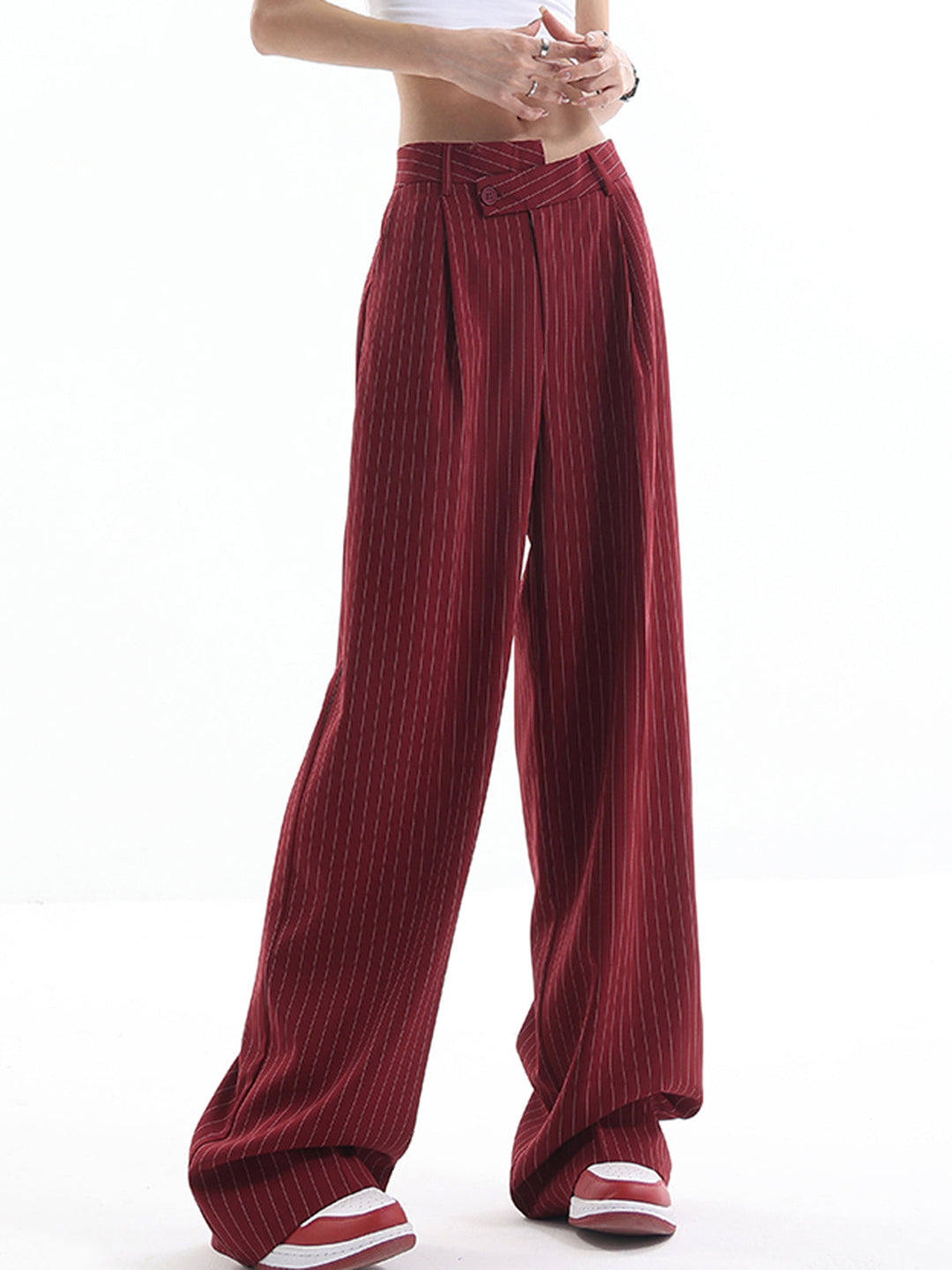 Asymmetrical High-Waist Pinstripe Pants  Liora Lane Boutique Pants