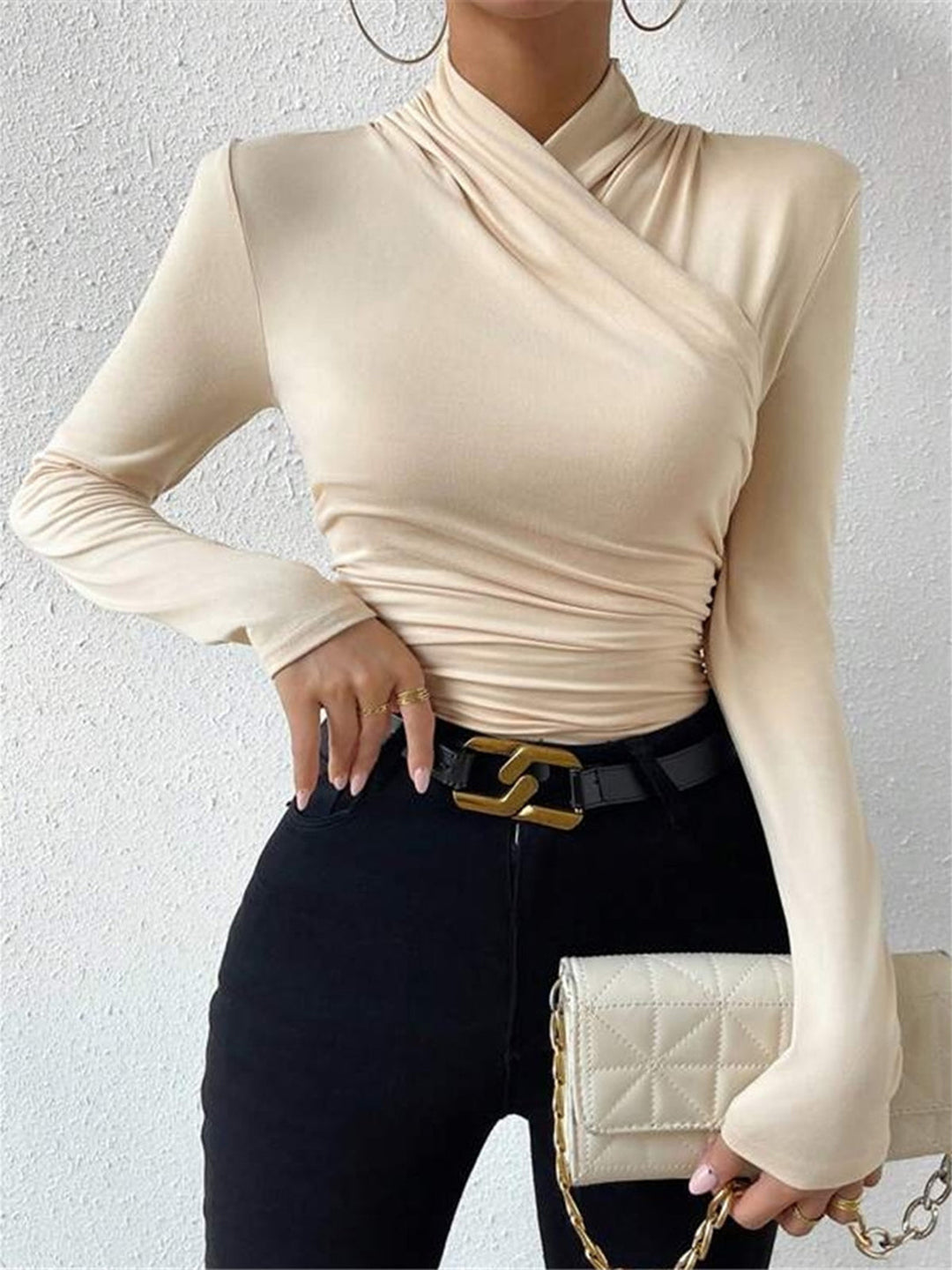 Cross-Over Collar Pleated Cinched T-Shirt  Liora Lane Boutique T-Shirts Apricot / XL 29.00