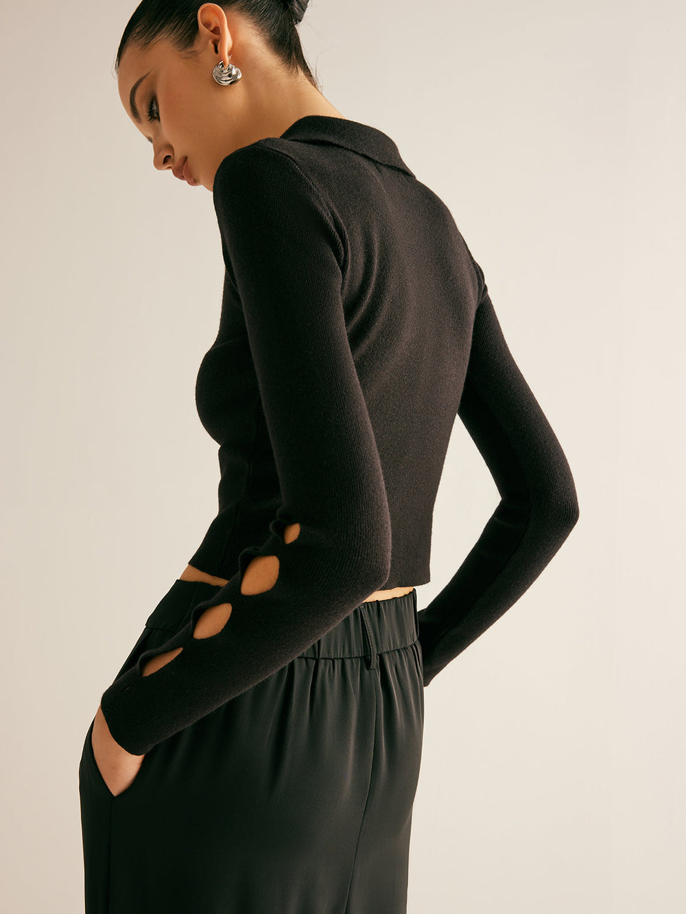 Metal-Decor Cutout Lapel Crop Sweater  Liora Lane Boutique Sweaters