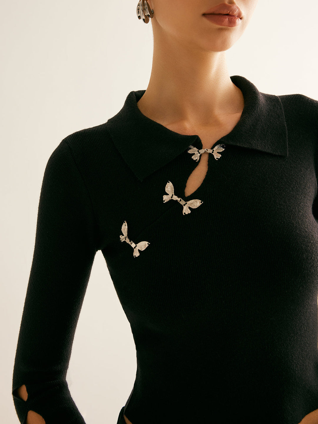 Metal-Decor Cutout Lapel Crop Sweater  Liora Lane Boutique Sweaters