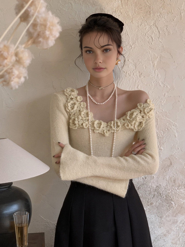 Floral Collar Ribbed Knit Top  Liora Lane Boutique Knit Tops