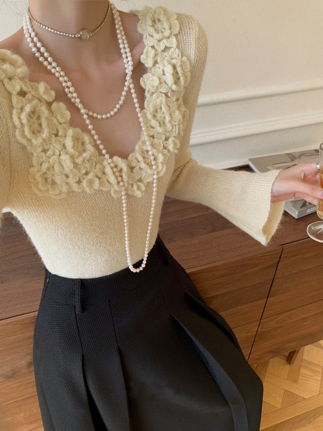 Floral Collar Ribbed Knit Top  Liora Lane Boutique Knit Tops