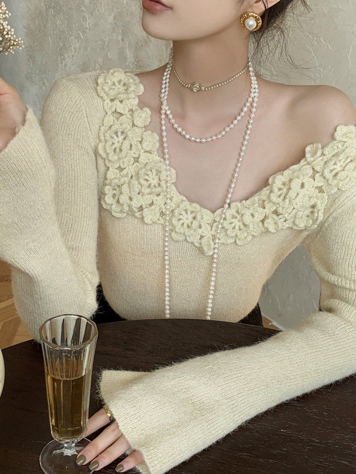 Floral Collar Ribbed Knit Top  Liora Lane Boutique Knit Tops