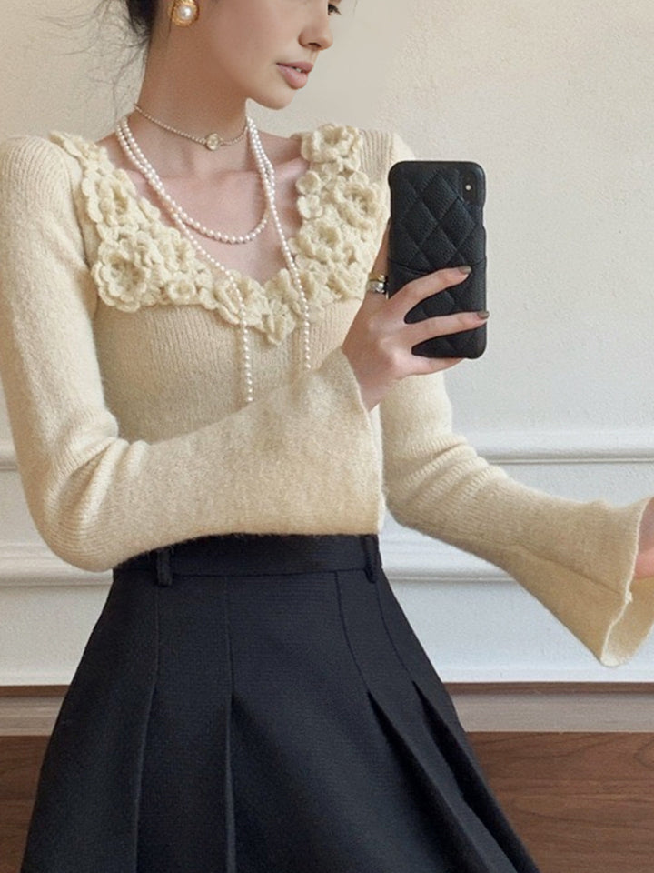 Floral Collar Ribbed Knit Top  Liora Lane Boutique Knit Tops