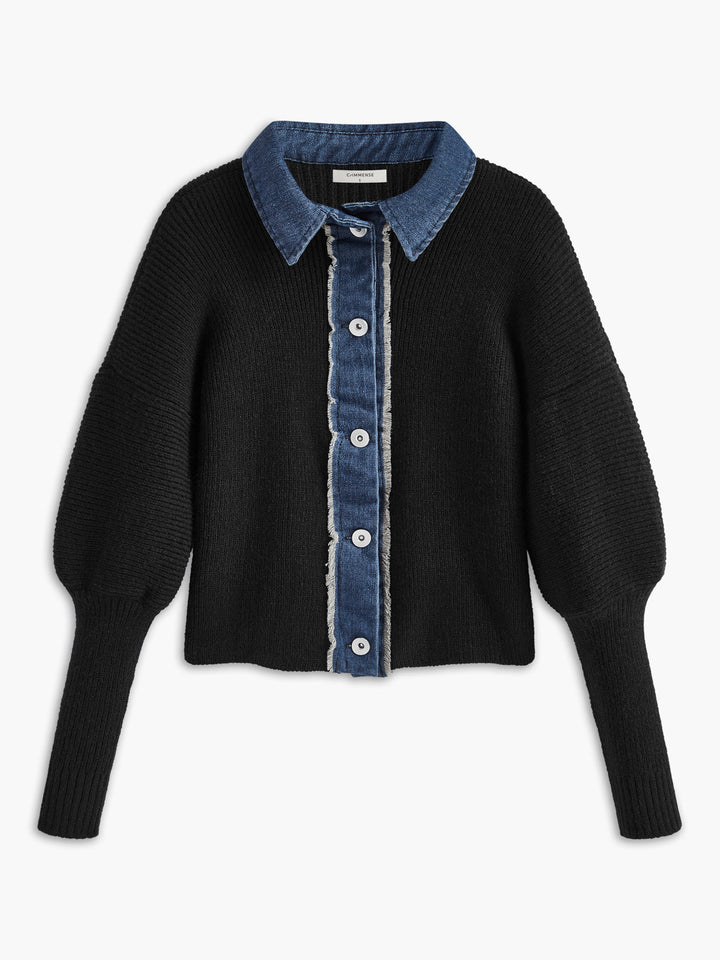 Panel Breasted Stretch Lapel Knit Top  Liora Lane Boutique Knit Tops Black / XL 59.00