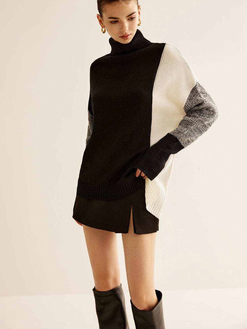 Oversized Turtleneck Color Block Knit Top  Liora Lane Boutique Knit Tops