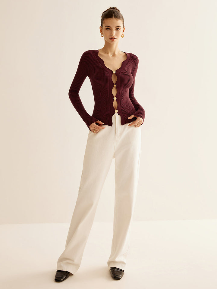 Wave Trim Cutout Slim Knit Top  Liora Lane Boutique Knit Tops