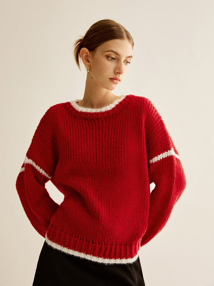 Crew Neck Contrast Binding Sweater  Liora Lane Boutique Sweaters Red / XL 113.99
