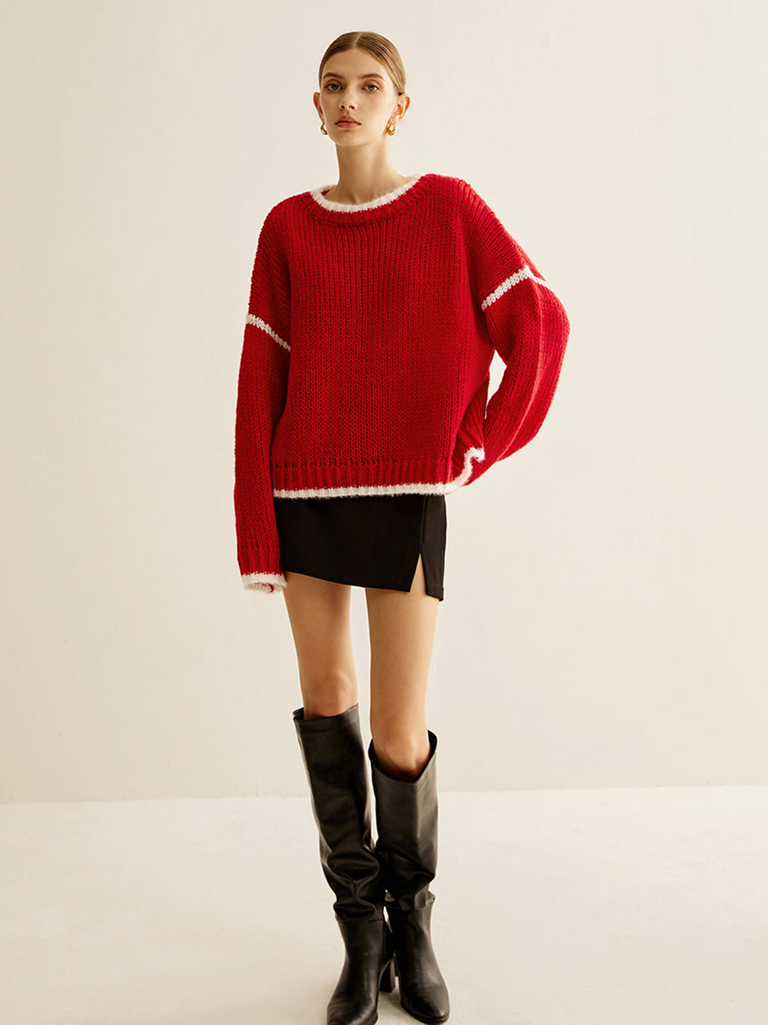 Crew Neck Contrast Binding Sweater  Liora Lane Boutique Sweaters