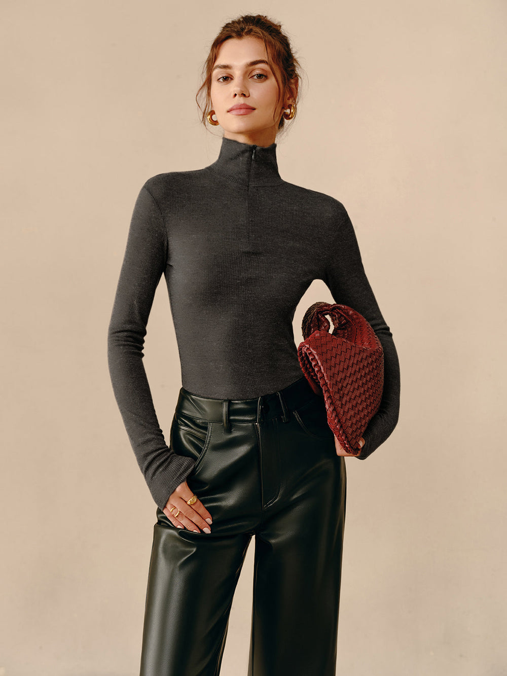 Turtleneck Ribbed Zipper T-Shirt  Liora Lane Boutique T-Shirts