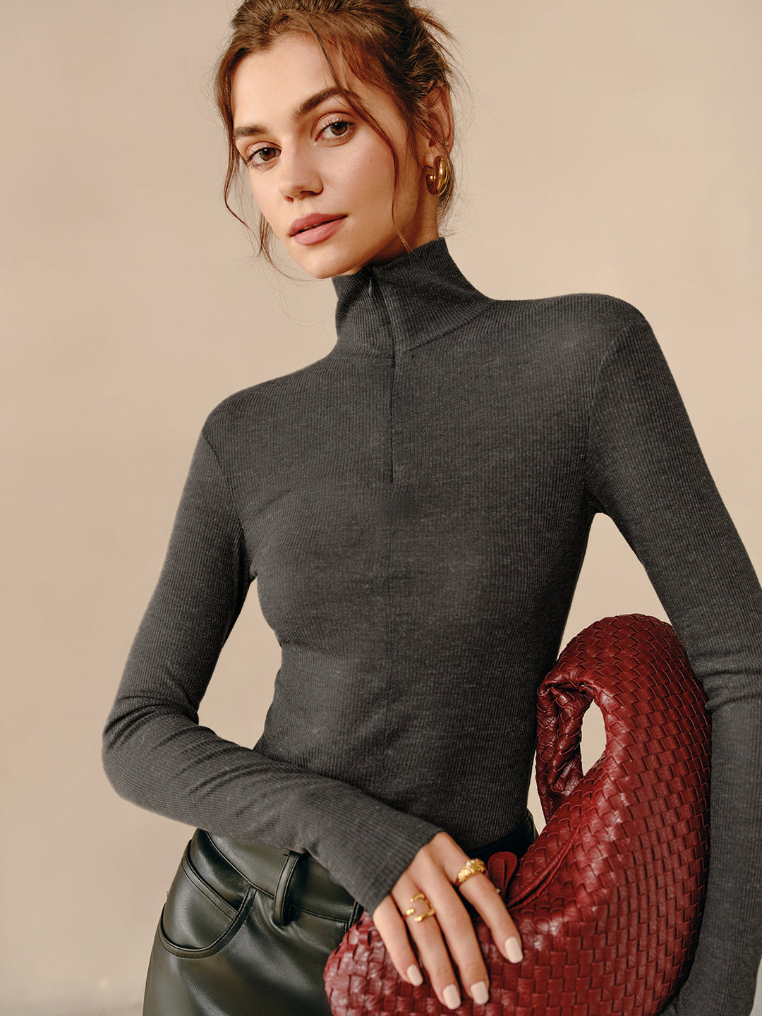 Turtleneck Ribbed Zipper T-Shirt  Liora Lane Boutique T-Shirts Grey / XL 22.00