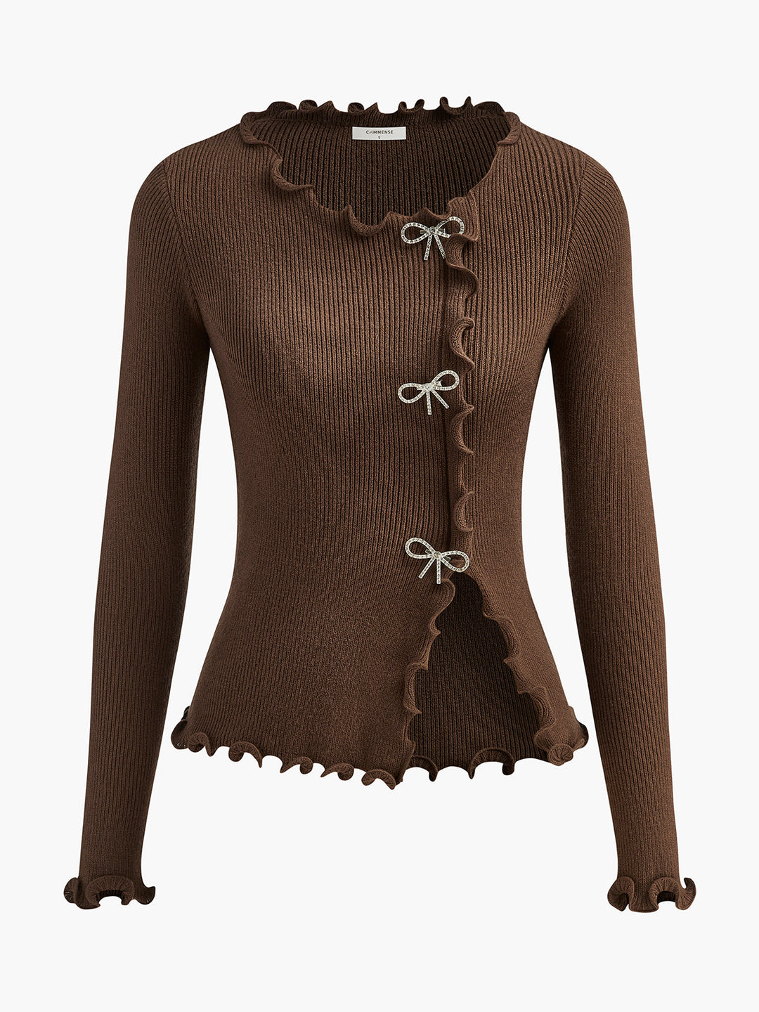 Rhinestone Bow Lettuce Trim Sweater  Liora Lane Boutique Sweaters Brown / XL 38.00