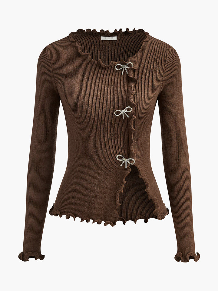 Rhinestone Bow Lettuce Trim Sweater  Liora Lane Boutique Sweaters Brown / XL 38.00