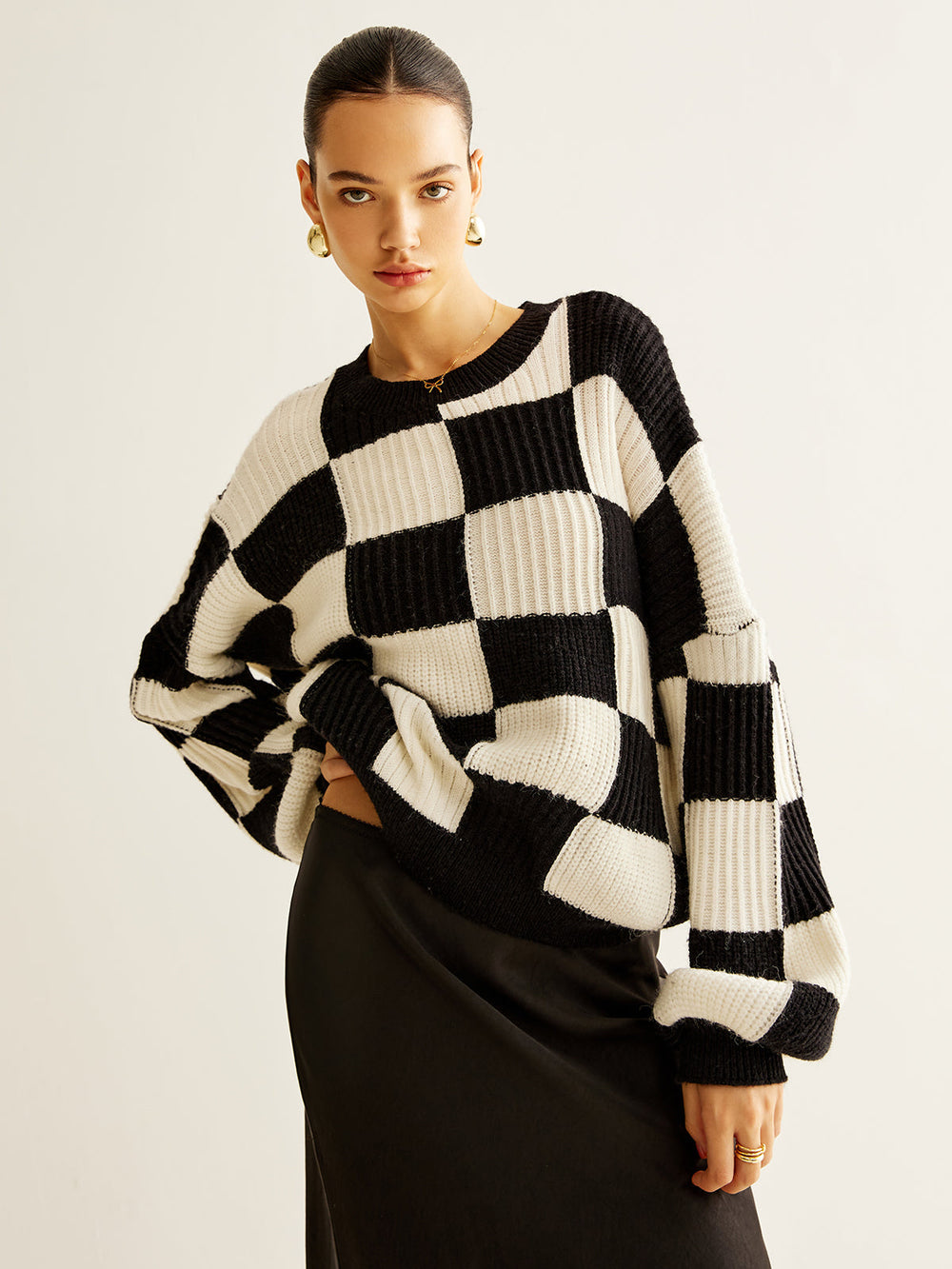 Color Block Checkerboard Sweater  Liora Lane Boutique Sweaters BlackandWhite / XL 124.99