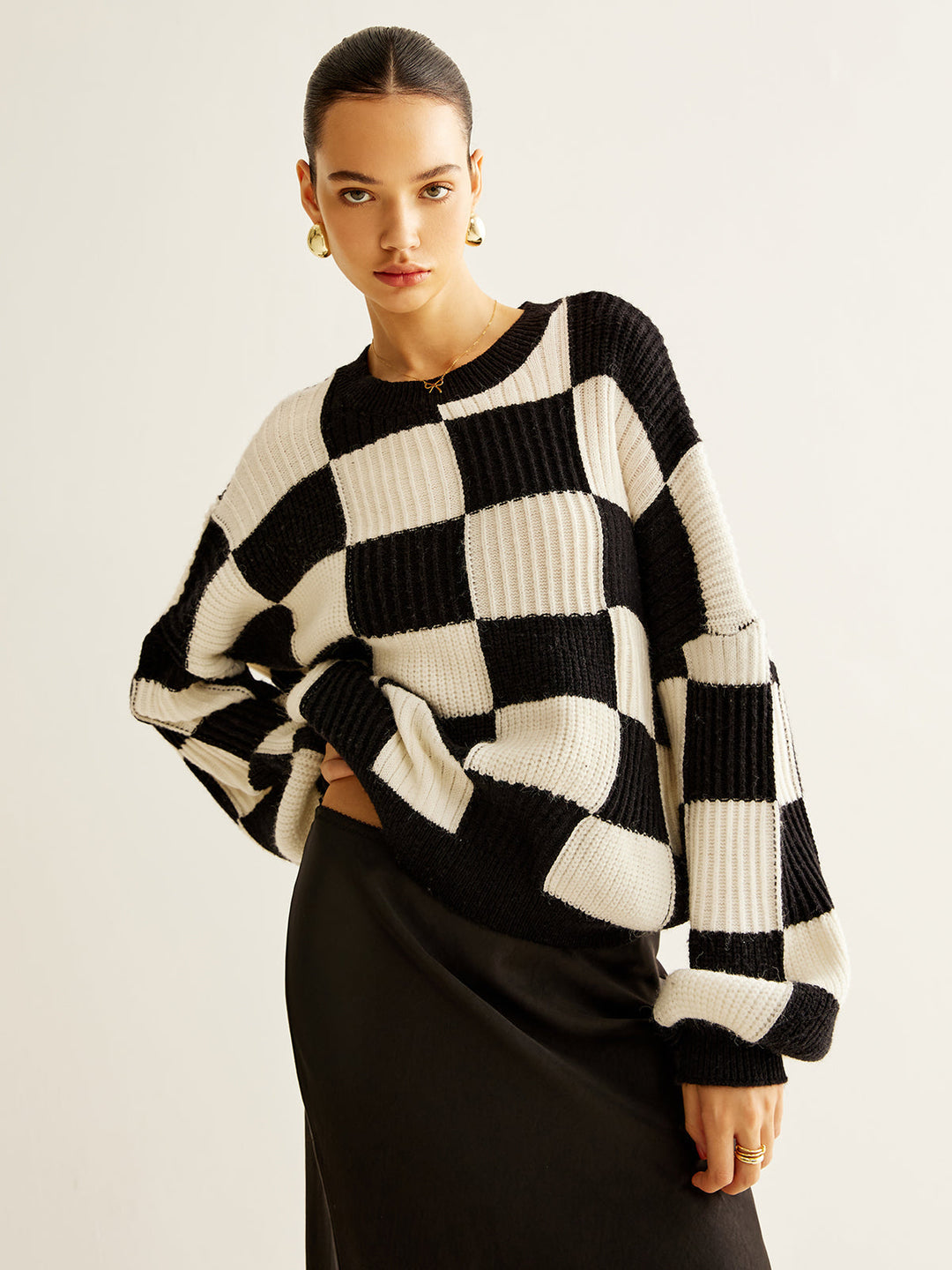 Color Block Checkerboard Sweater  Liora Lane Boutique Sweaters BlackandWhite / XL 124.99