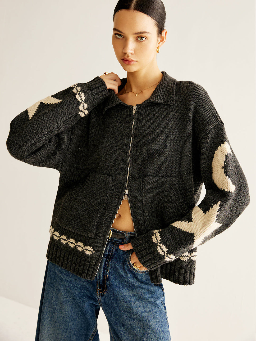 Double-Zip Pockets Lapel Cardigan  Liora Lane Boutique Cardigans