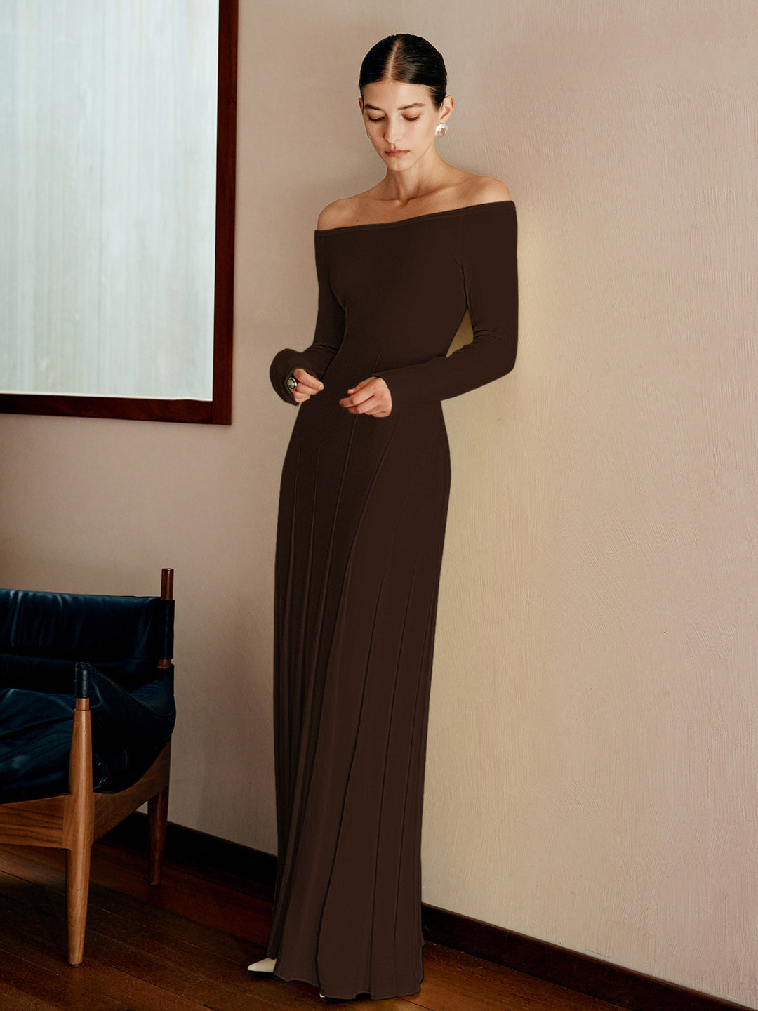 Off Shoulder Pleated  Sweater Dress  Liora Lane Boutique Sweater Dresses Dark Brown / XL 65.00