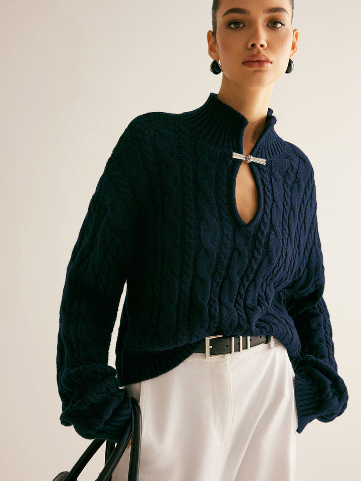 Cotton Keyhole Neckline Knit Top  Liora Lane Boutique Knit Tops Navy / XL 56.00