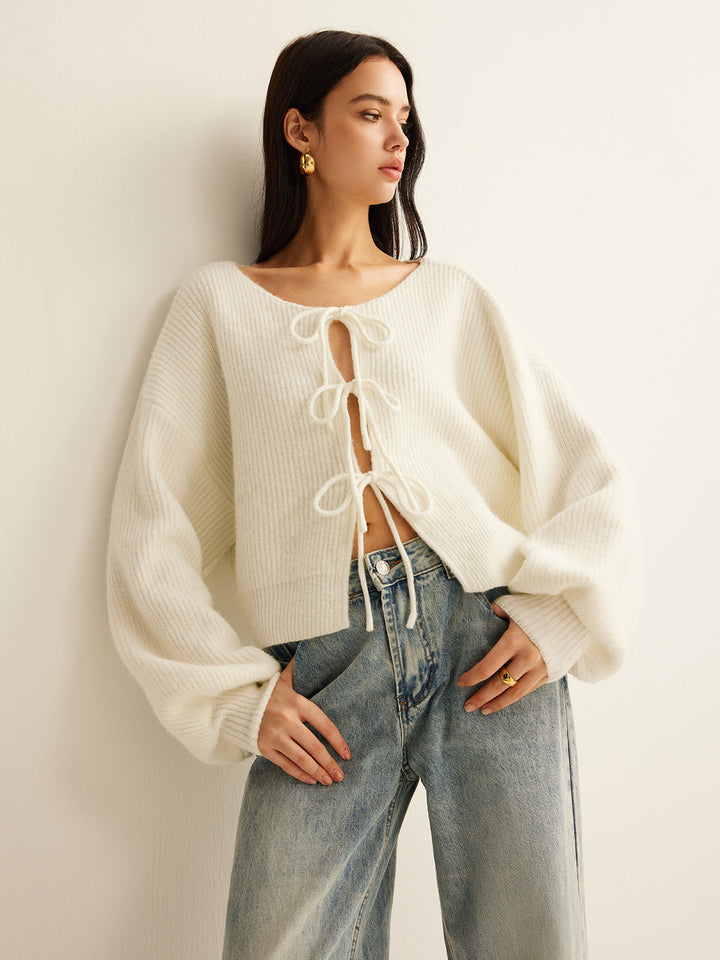 Wool-Blend Tie-Front Cardigan  Liora Lane Boutique Cardigans White / XL 99.99