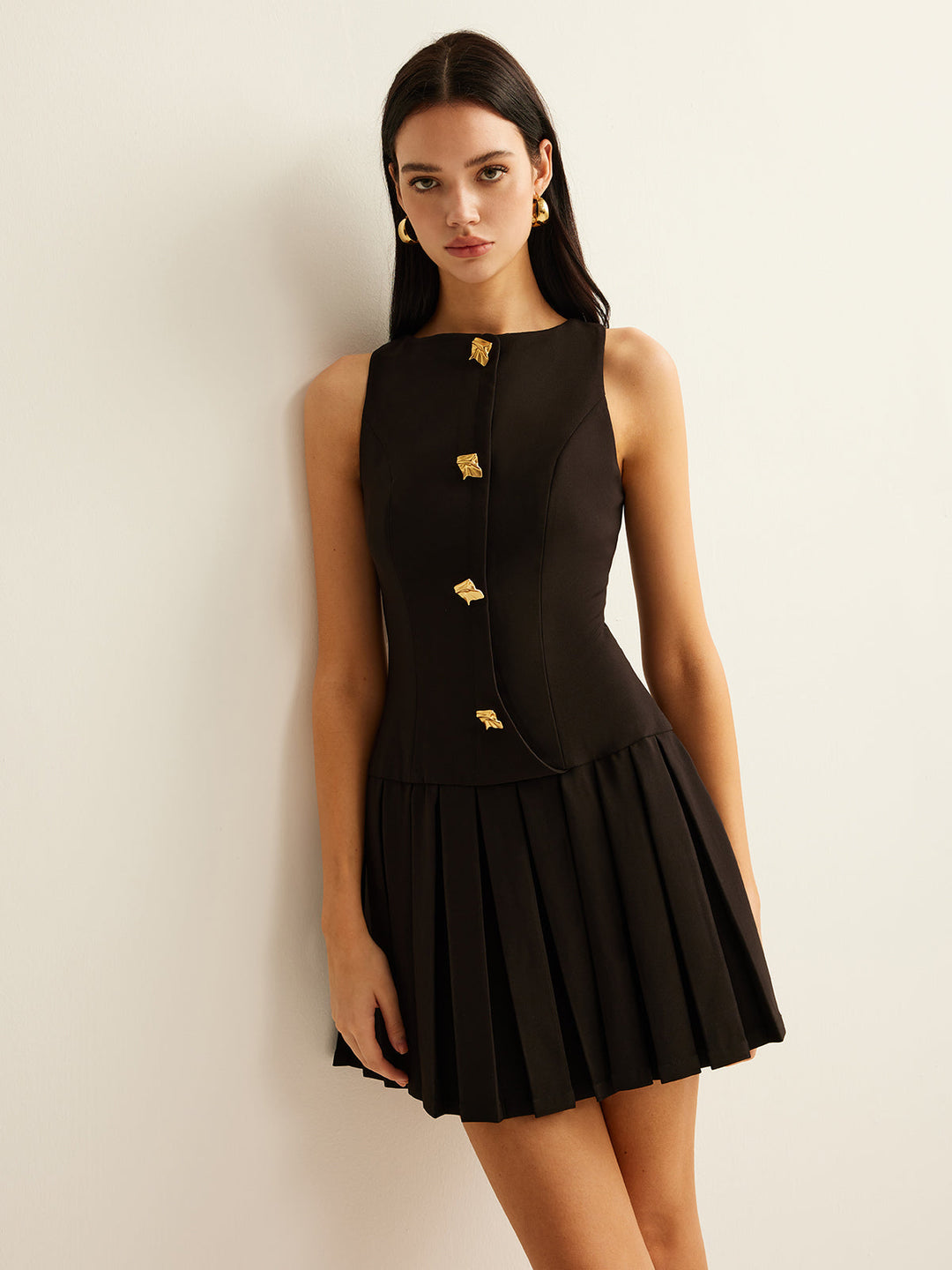Metal-Button Pleated Tank Dress  Liora Lane Boutique Dresses Black / XL 84.99