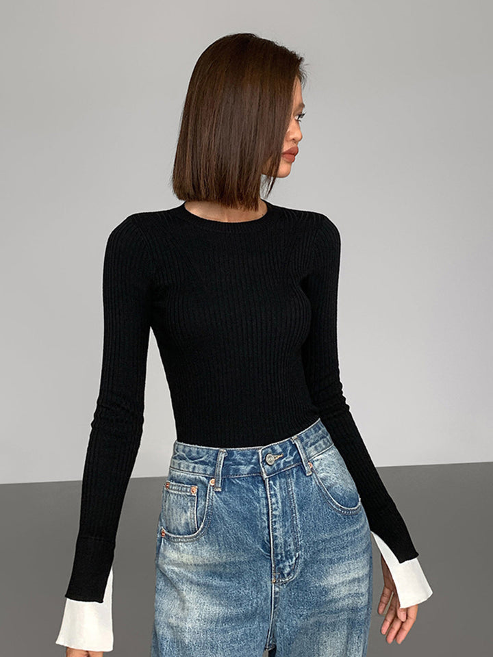 Ribbed Contrast Cuff Sweater  Liora Lane Boutique Knit Tops