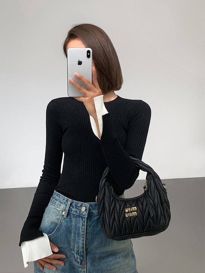 Ribbed Contrast Cuff Sweater  Liora Lane Boutique Knit Tops Black / XL 32.00