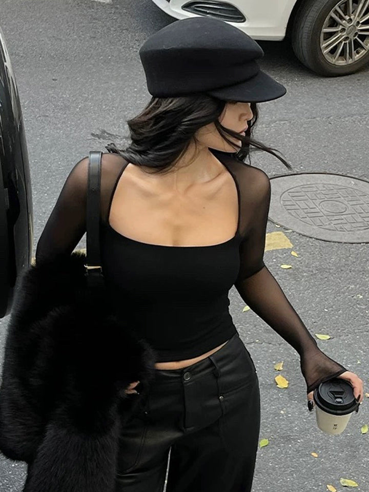 Square Neck Sheer Panel Crop T-Shirt  Liora Lane Boutique T-Shirts Black / XL 22.00