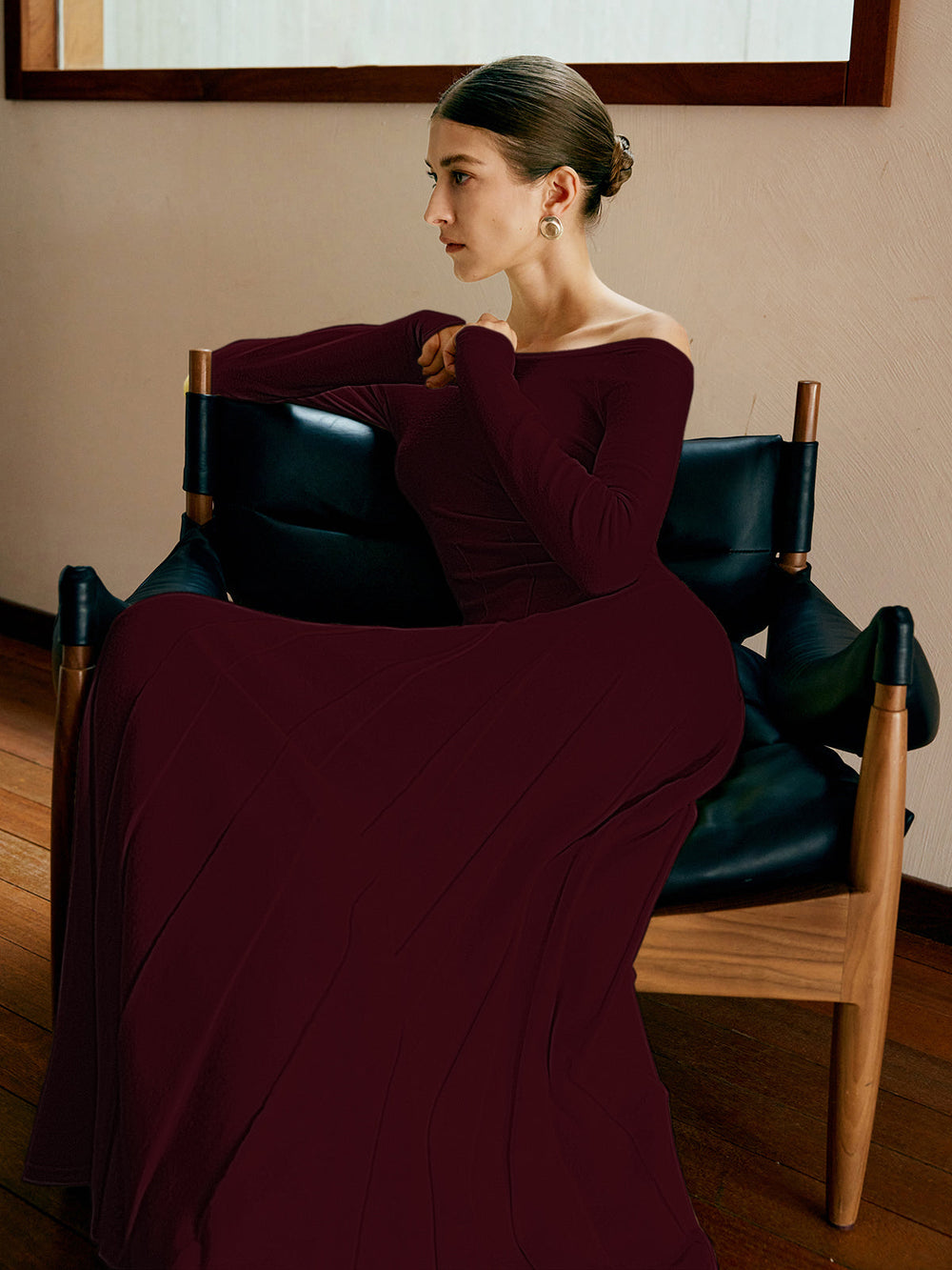 Off Shoulder Pleated  Sweater Dress  Liora Lane Boutique Sweater Dresses Burgundy / XL 65.00