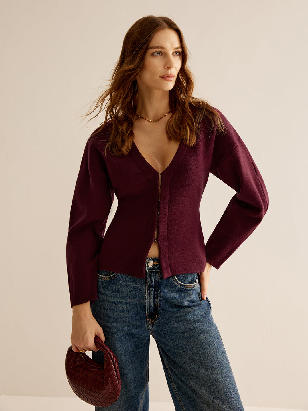 V-Neck Versatile Slim Fitted Cardigan  Liora Lane Boutique Cardigans Burgundy / XL 52.00