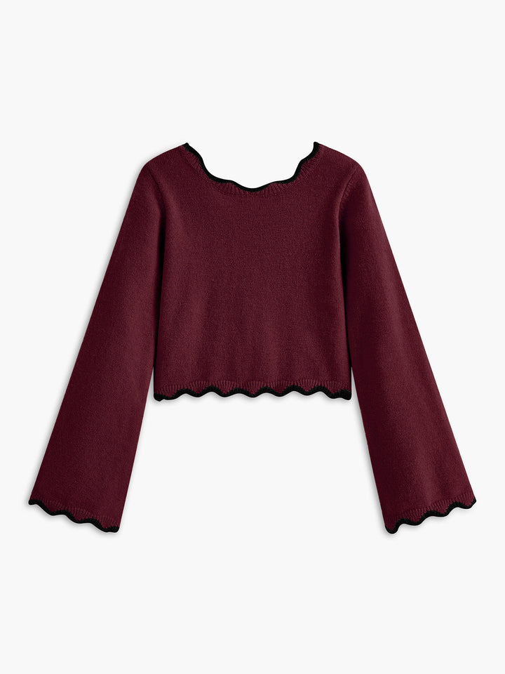 Contrast Wave Trim Bow Sweater  Liora Lane Boutique Sweaters