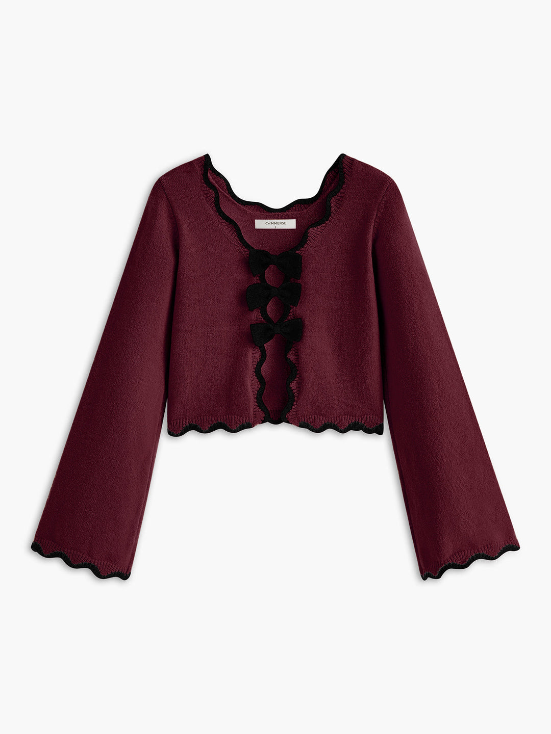 Contrast Wave Trim Bow Sweater  Liora Lane Boutique Sweaters Burgundy / XL 34.00