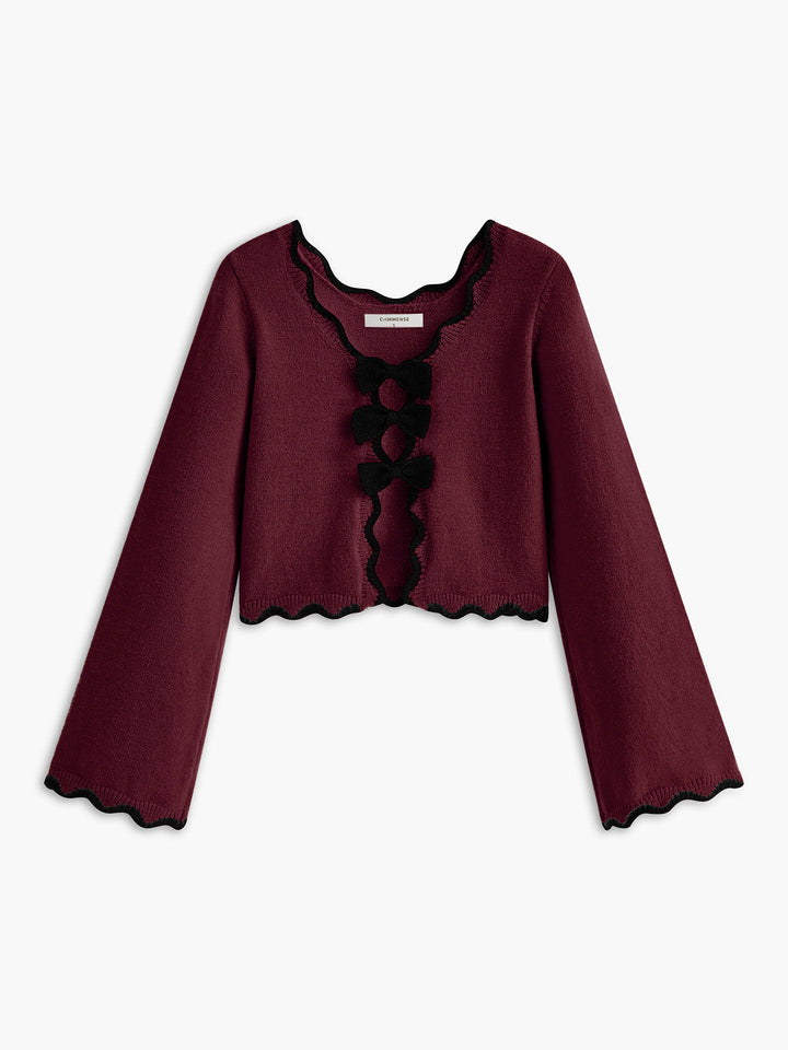Contrast Wave Trim Bow Sweater  Liora Lane Boutique Sweaters Burgundy / XL 34.00