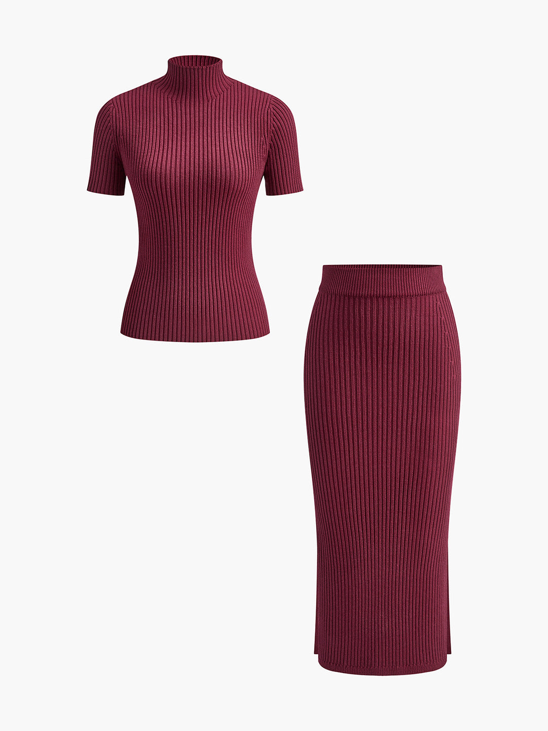 Solid High Neck Split Ribbed Knit Two Pieces Skirt Set  Liora Lane Boutique Sweater Co-ords Burgundy / XL 74.00