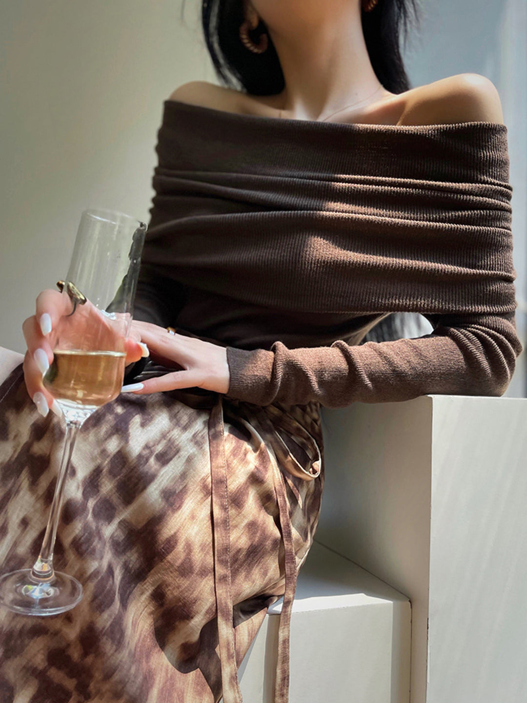 Wool-Blend Elegant Ruched Slim Sweater  Liora Lane Boutique Sweaters Dark Brown / XL 39.00