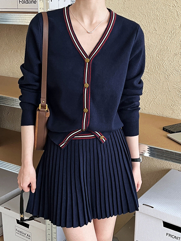 V-Neck Pleated Jersey Skirt Set  Liora Lane Boutique Skirt Sets Navy / XL 78.00