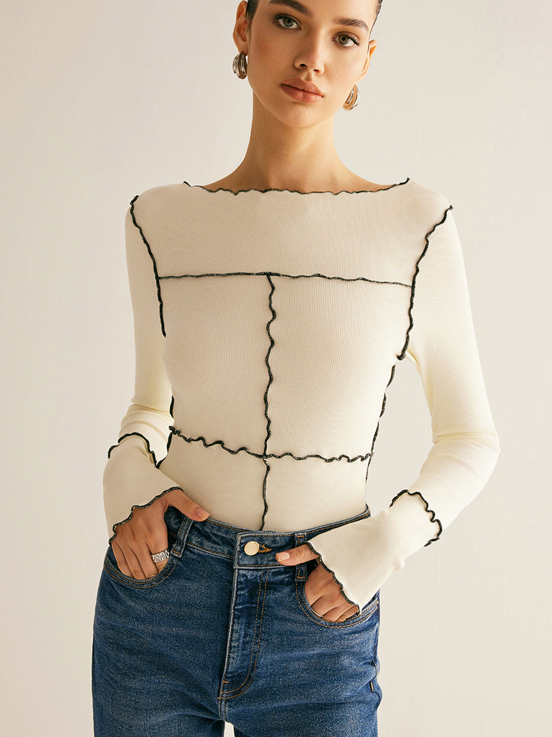 Lettuce Trim Long Sleeve Slim T-Shirt  Liora Lane Boutique T-Shirts Off-White / XL 28.00