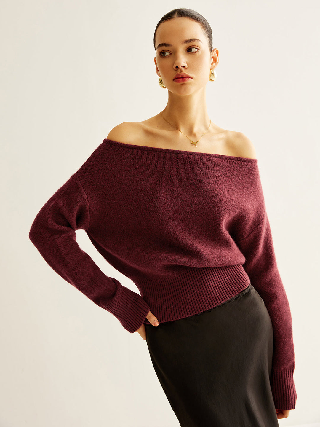 Cold-Shoulder Cinched Sweater  Liora Lane Boutique Sweaters Burgundy / XL 35.00