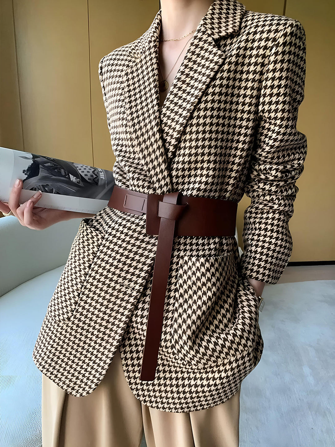 Houndstooth Split Blazer With Belt  Liora Lane Boutique Blazers Khaki / XL 166.00