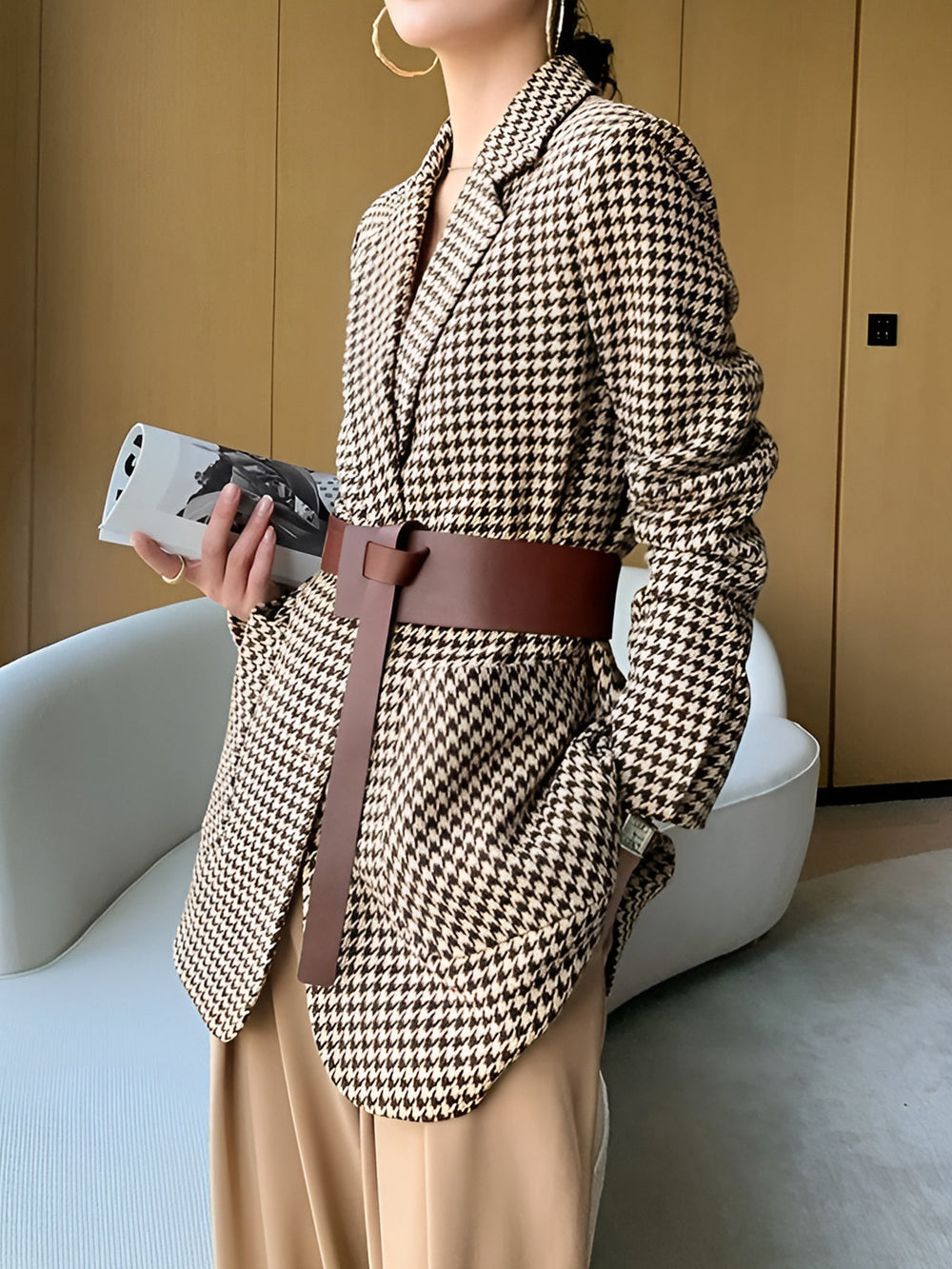 Houndstooth Split Blazer With Belt  Liora Lane Boutique Blazers