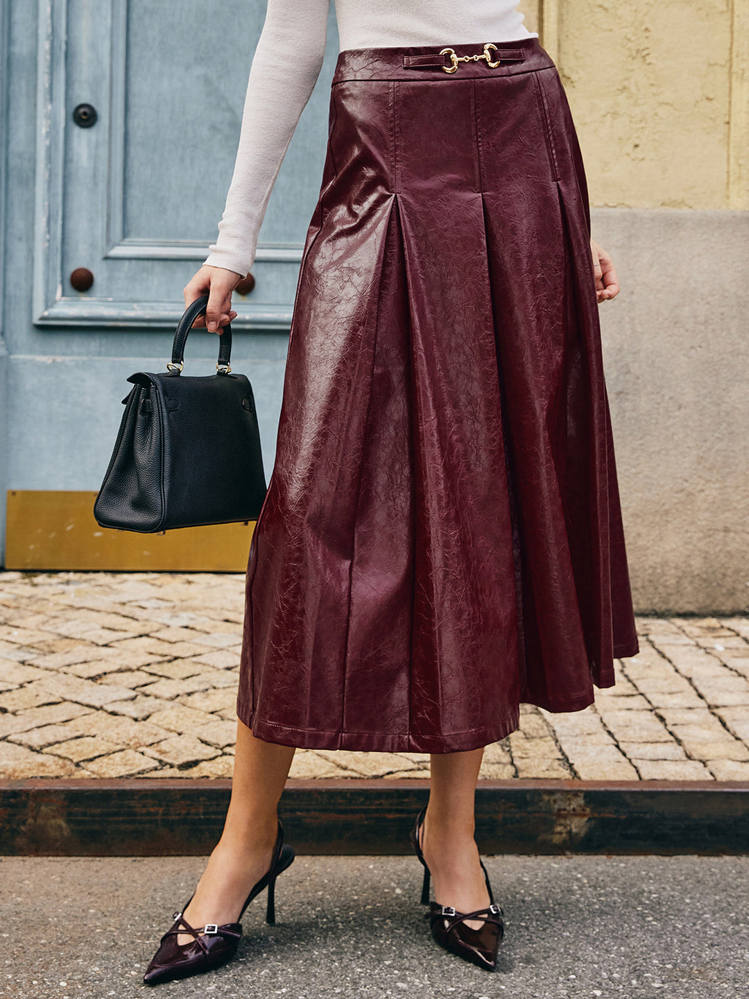 Metal-Detail Pleated Faux Leather Skirt  Liora Lane Boutique Skirts Burgundy / XL 84.99