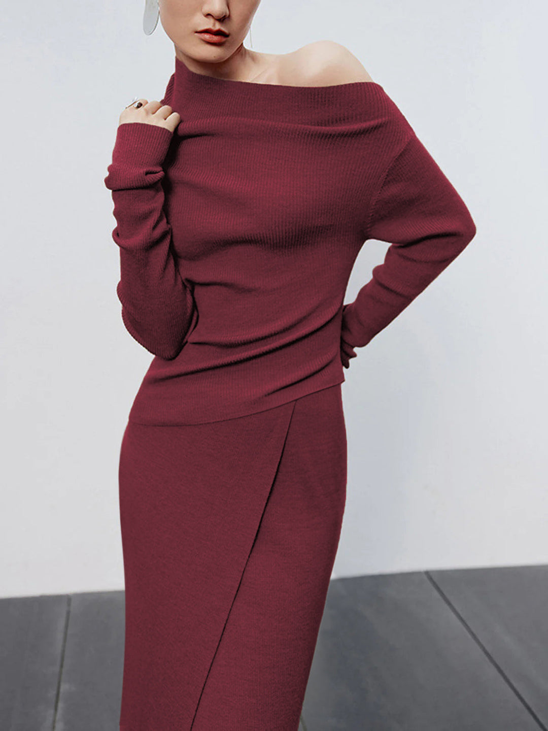 Caramel Asymmetric Neckline Long Sleeve Knit Top  Liora Lane Boutique Knit Tops Burgundy / XL 32.00