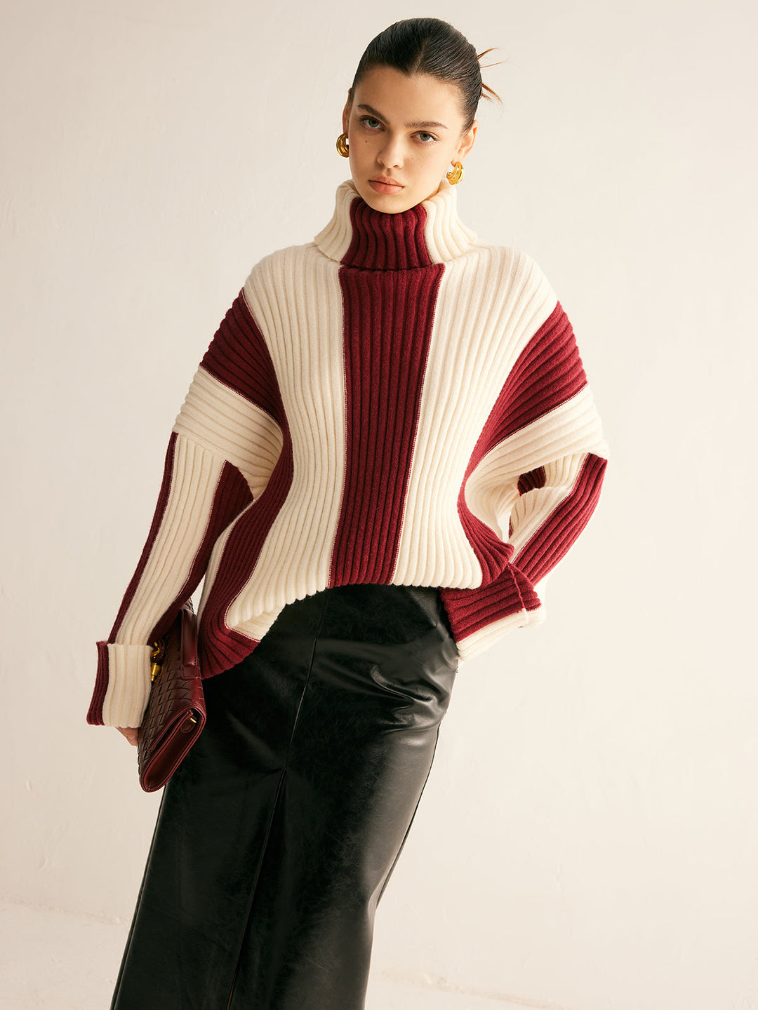 Ribbed Color Block Turtleneck Sweater  Liora Lane Boutique Sweaters Burgundy / XL 64.00