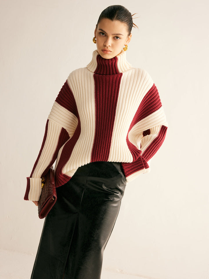 Ribbed Color Block Turtleneck Sweater  Liora Lane Boutique Sweaters Burgundy / XL 64.00