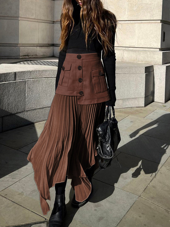 Patchwork Asymmetrical Pleated Buttoned Midi Skirt  Liora Lane Boutique Skirts Dark Brown / XL 45.00