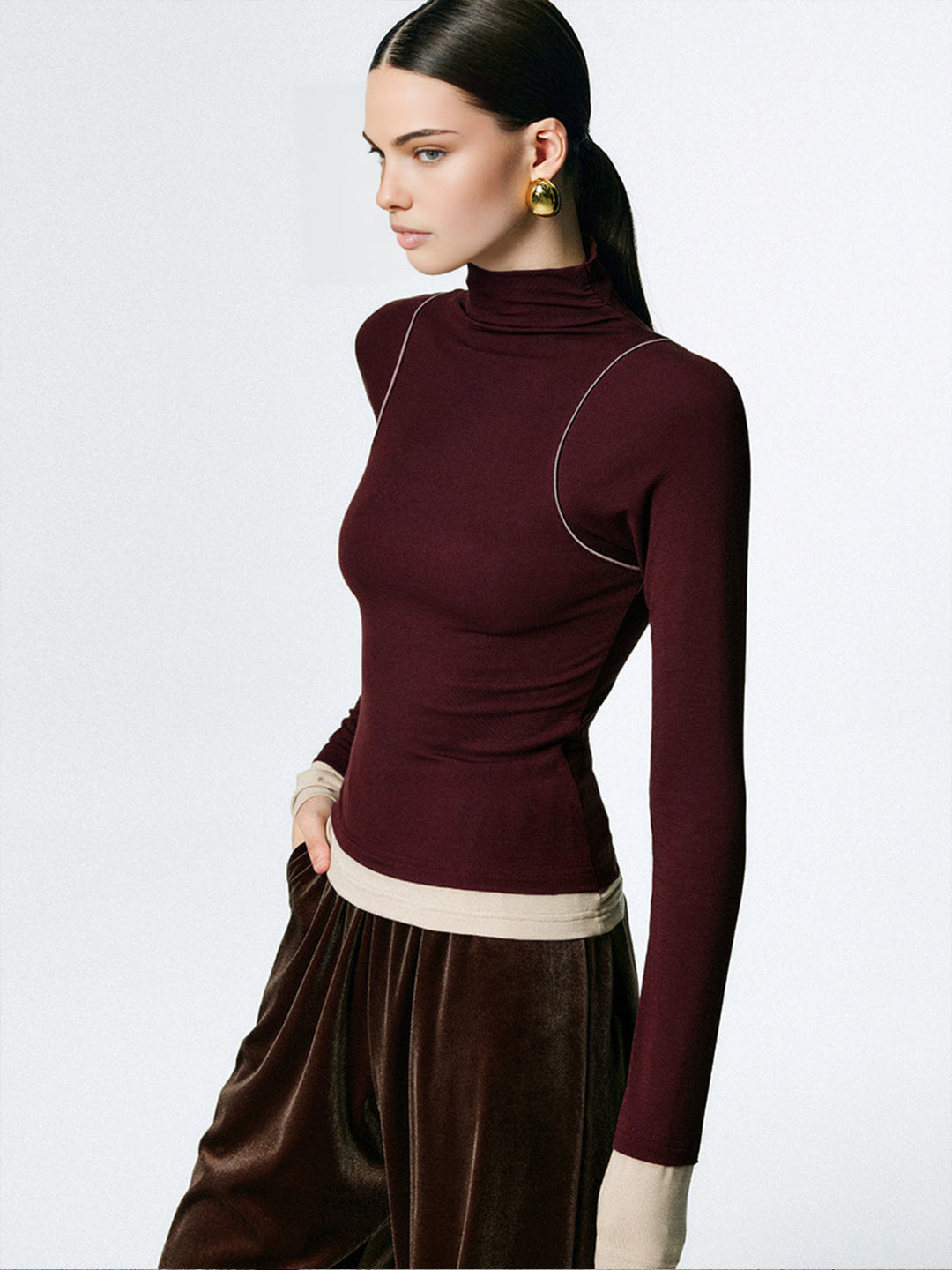 Mock Neck Contrast Binding Jersey Top  Liora Lane Boutique T-Shirts Dark Brown / XL 32.00