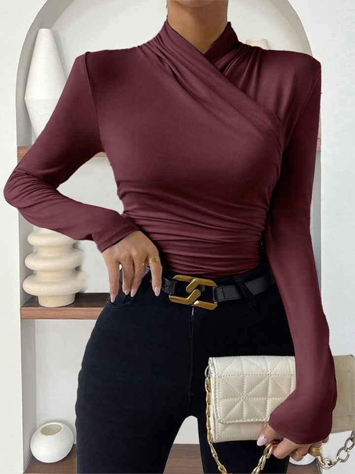 Cross-Over Collar Pleated Cinched T-Shirt  Liora Lane Boutique T-Shirts Burgundy / XL 29.00