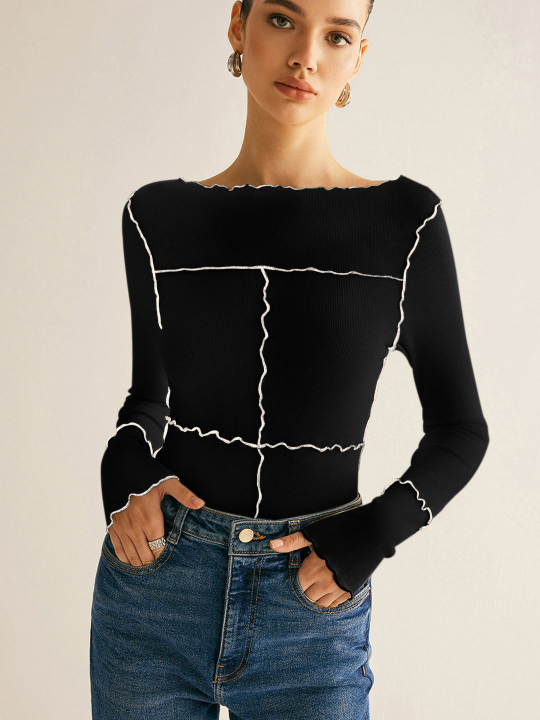 Lettuce Trim Long Sleeve Slim T-Shirt  Liora Lane Boutique T-Shirts Black / XL 28.00