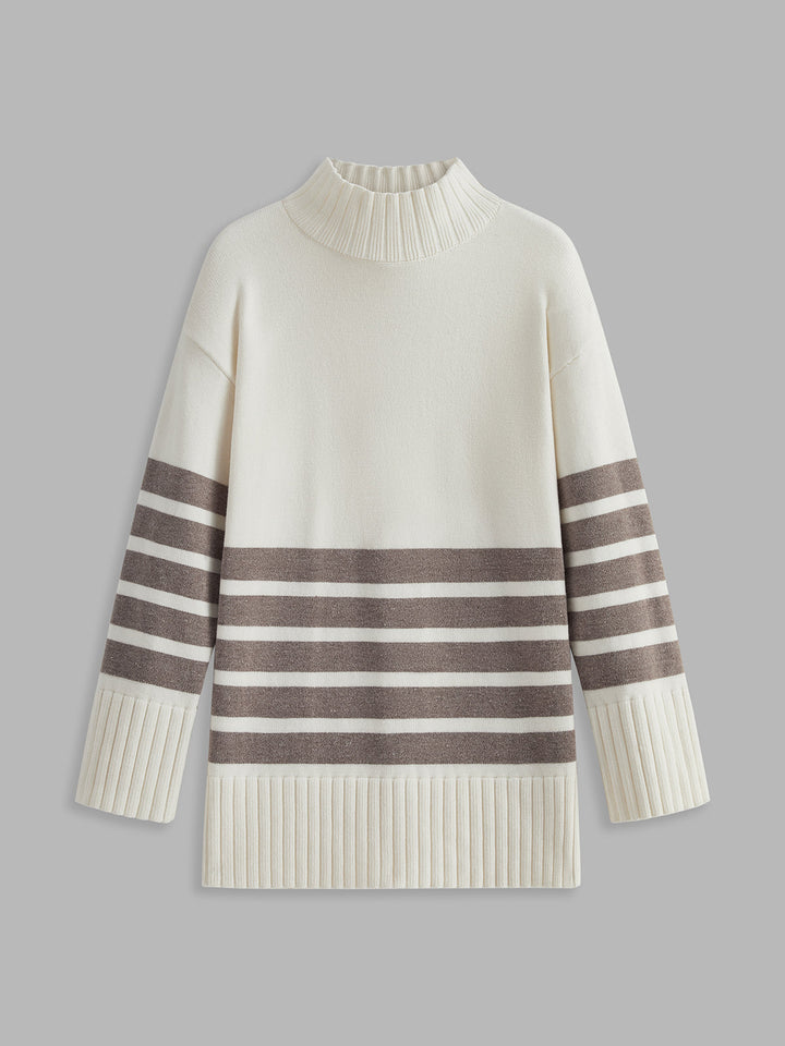 Miss Paris Mock Neck Stripe Sweater  Liora Lane Boutique Sweaters Khaki / XL 48.00