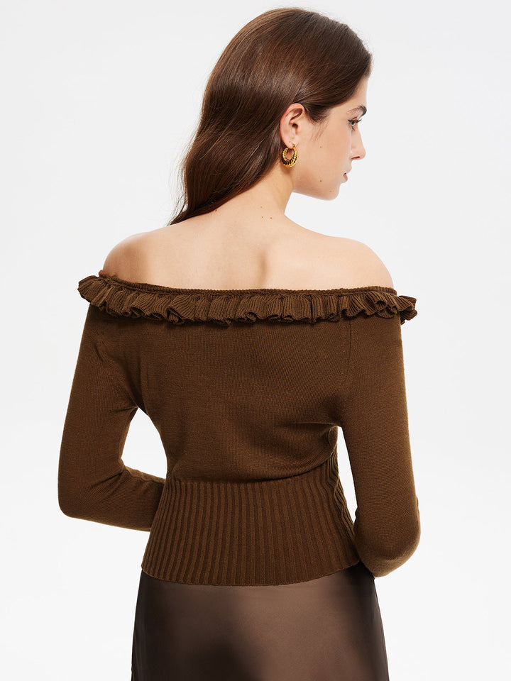 Cashmere-Blend Off-Shoulder Ruffle Sweater  Liora Lane Boutique Sweaters